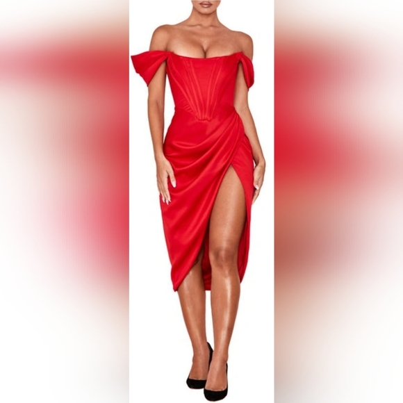 HOUSE OF CB Loretta off-shoulder satin midi dress L+ - Picture 8 of 17